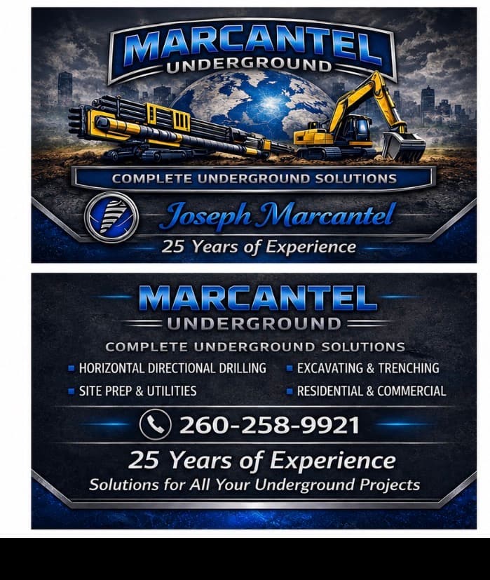Marcantel Underground business-card artwork showing underground drilling and excavation equipment